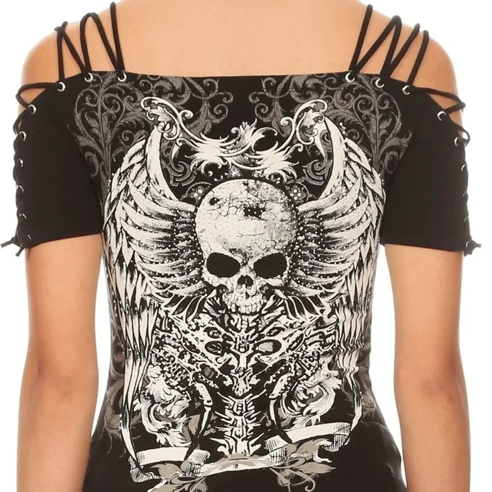 Eyelet Strappy Rhinestone Skull Top Black NWT - Picture 3 of 5